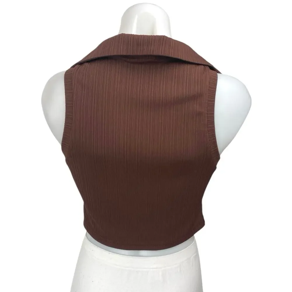 Cider Brown Knit Sleeveless Collared Button Down Crop Shirt Vest Tank Top Size M - Picture 2 of 4
